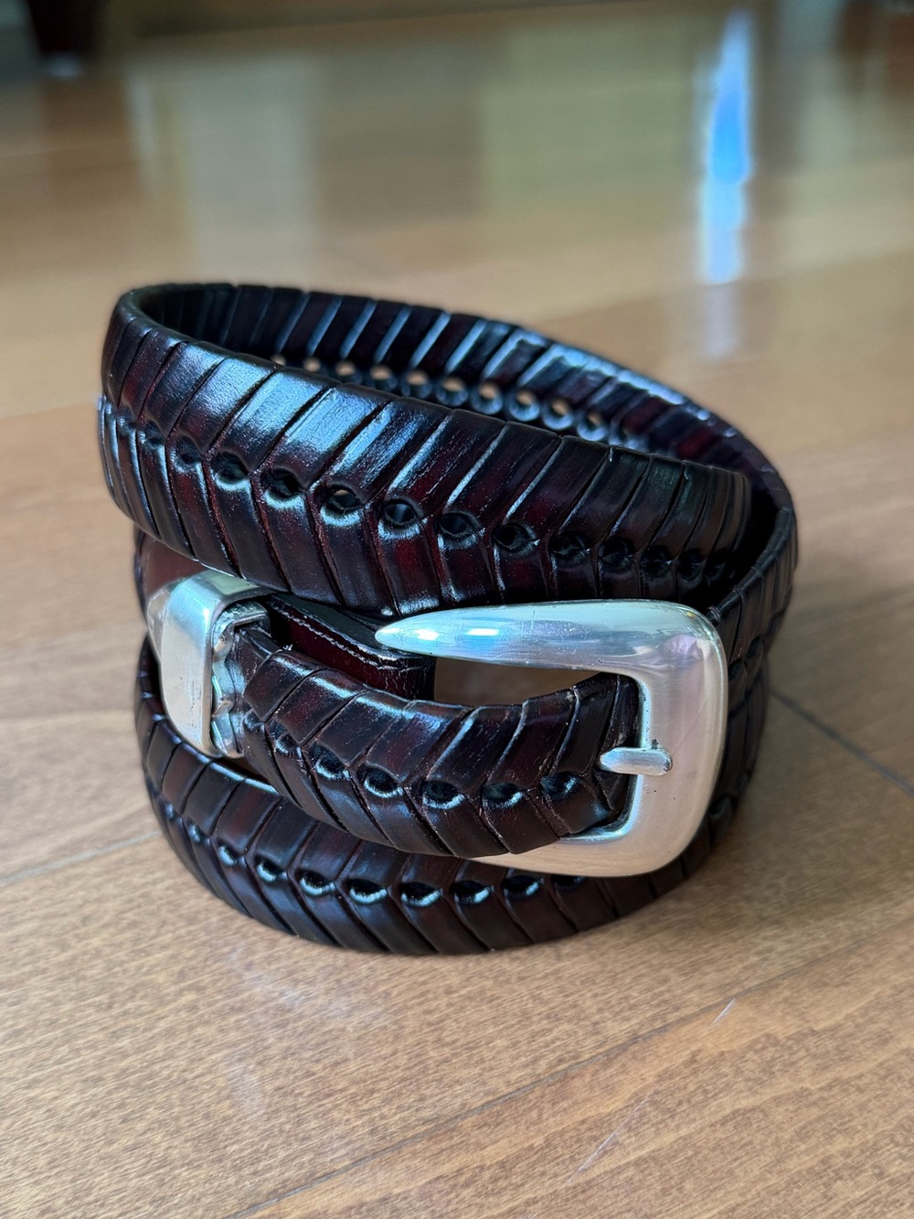 Braided Boho Genuine Leather Belt in Dark Brown with Silver Buckle